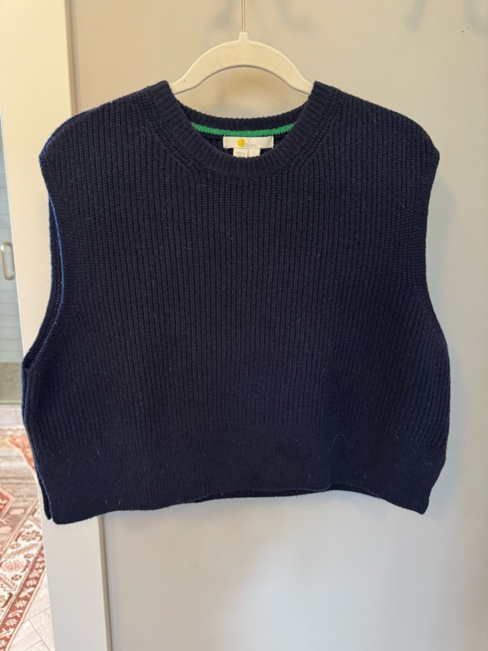 Boden Navy Ribbed Crewneck Sweater Vest with Green Trim